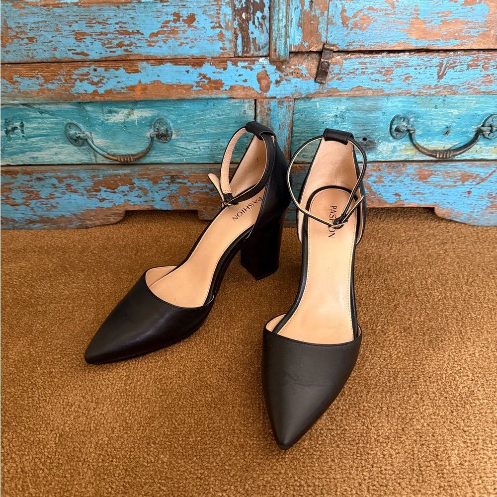 Pashion Footwear Leather Block Heel Pumps